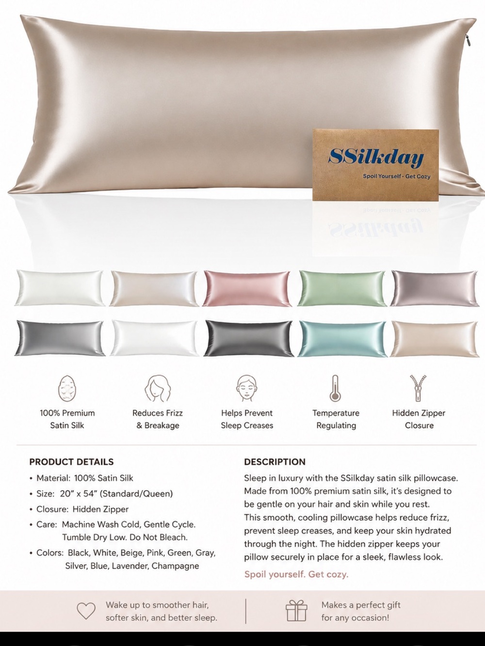 SSILKDAY Beige Satin Body Pillowcase 20” x 54” – Silky Soft Hidden Zipper